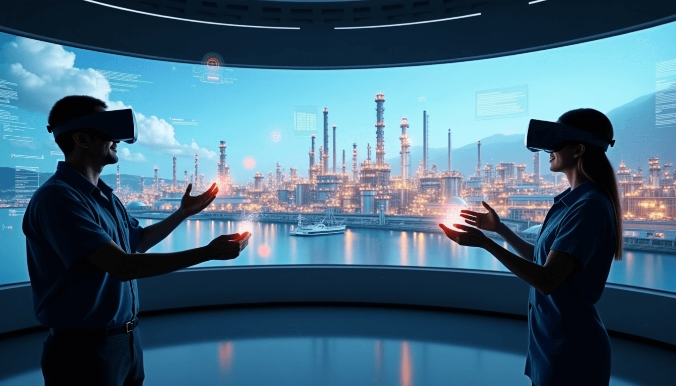 Two people wearing VR headsets interact in a virtual refinery environment, with a futuristic control room and an industrial plant visible in the background