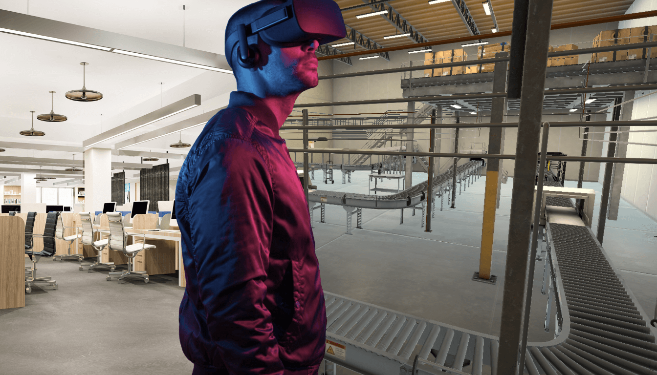 A man using a VR headset explores a virtual simulation of an industrial conveyor system integrated with a modern office setting