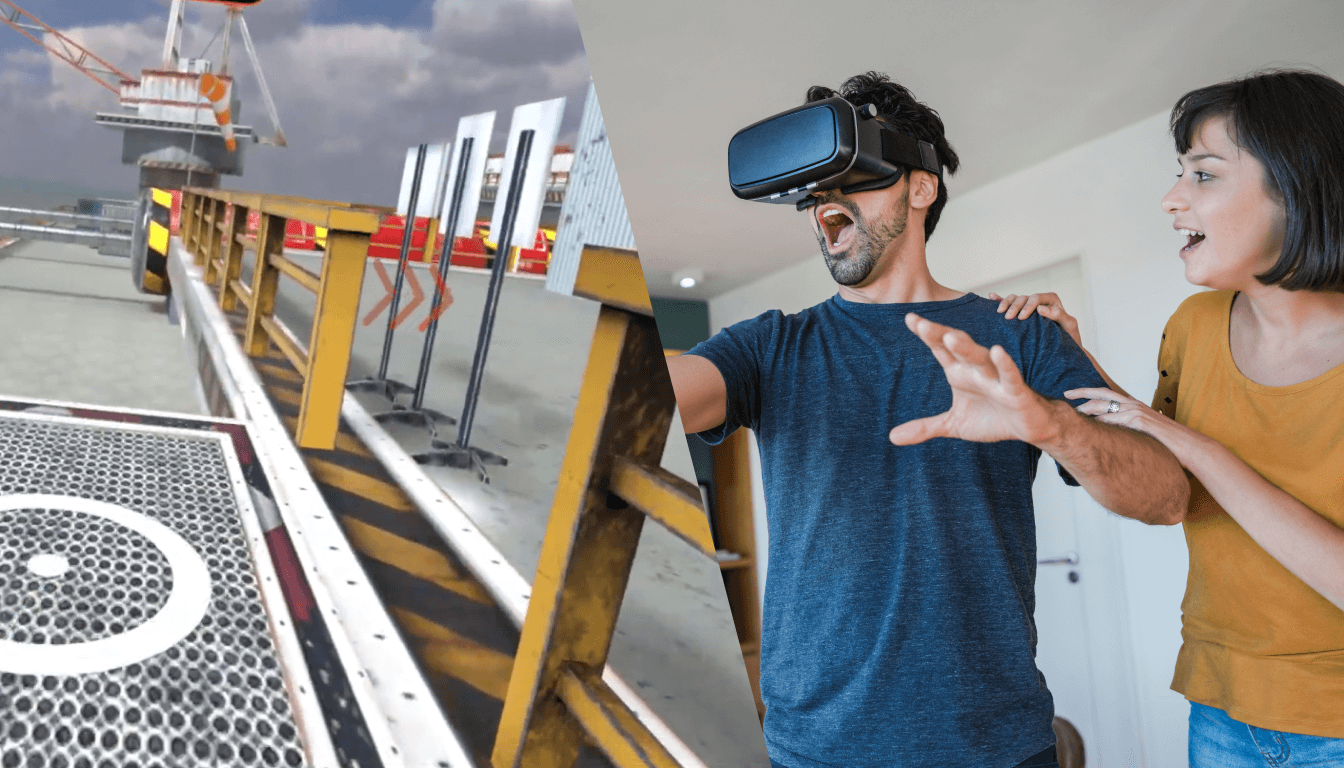 A man using a VR headset reacts to a virtual industrial environment while a woman enthusiastically observes his experience