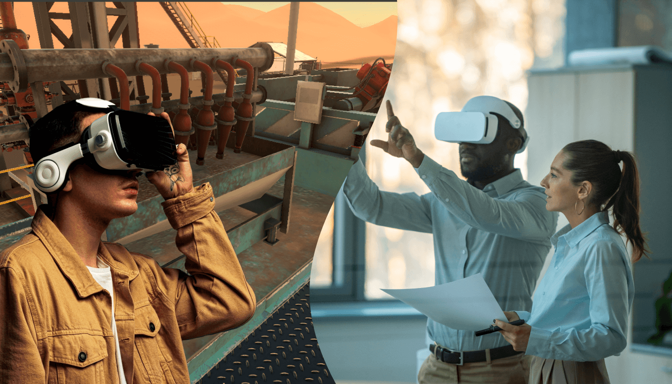 Individuals using VR headsets engage in immersive simulations for industrial and collaborative training scenarios