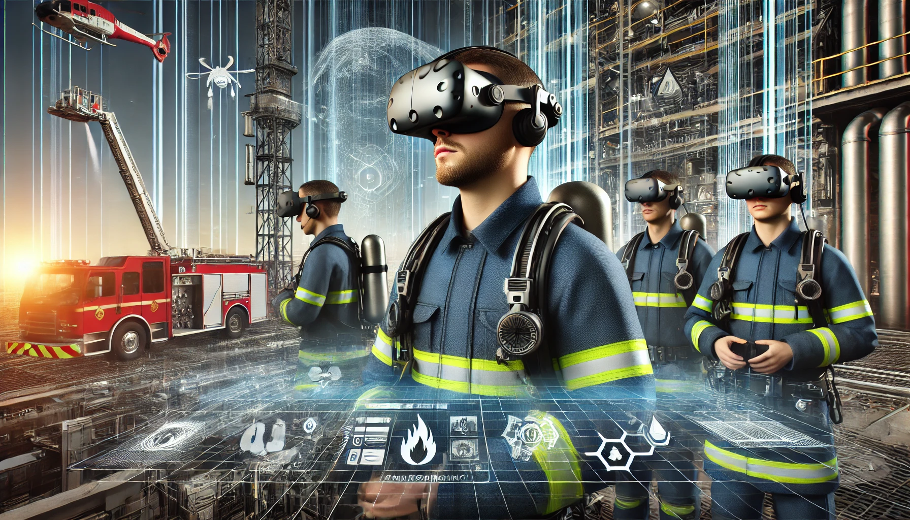 A dynamic and immersive futuristic scene showcasing professionals engaged in virtual reality training for emergency preparedness. The image should dep