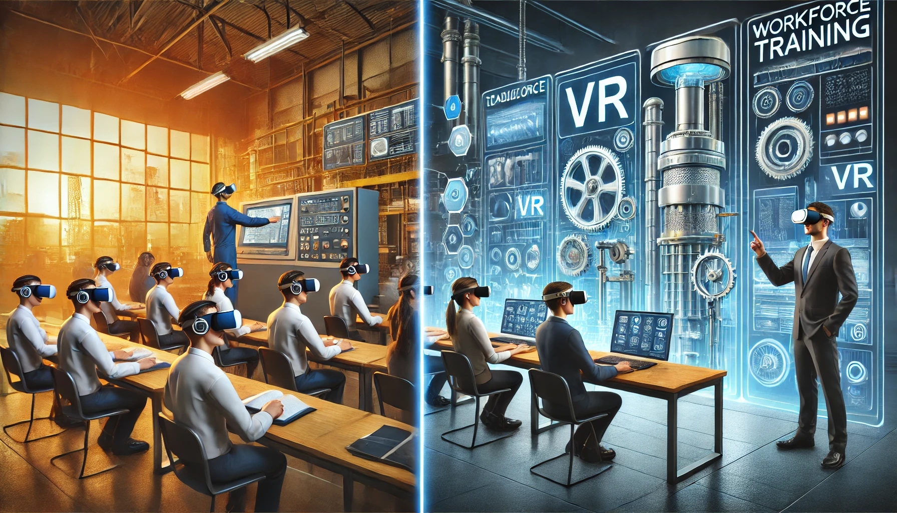 A futuristic and engaging image illustrating workforce training evolution through VR. The scene shows a split screen_ on one side, traditional classro