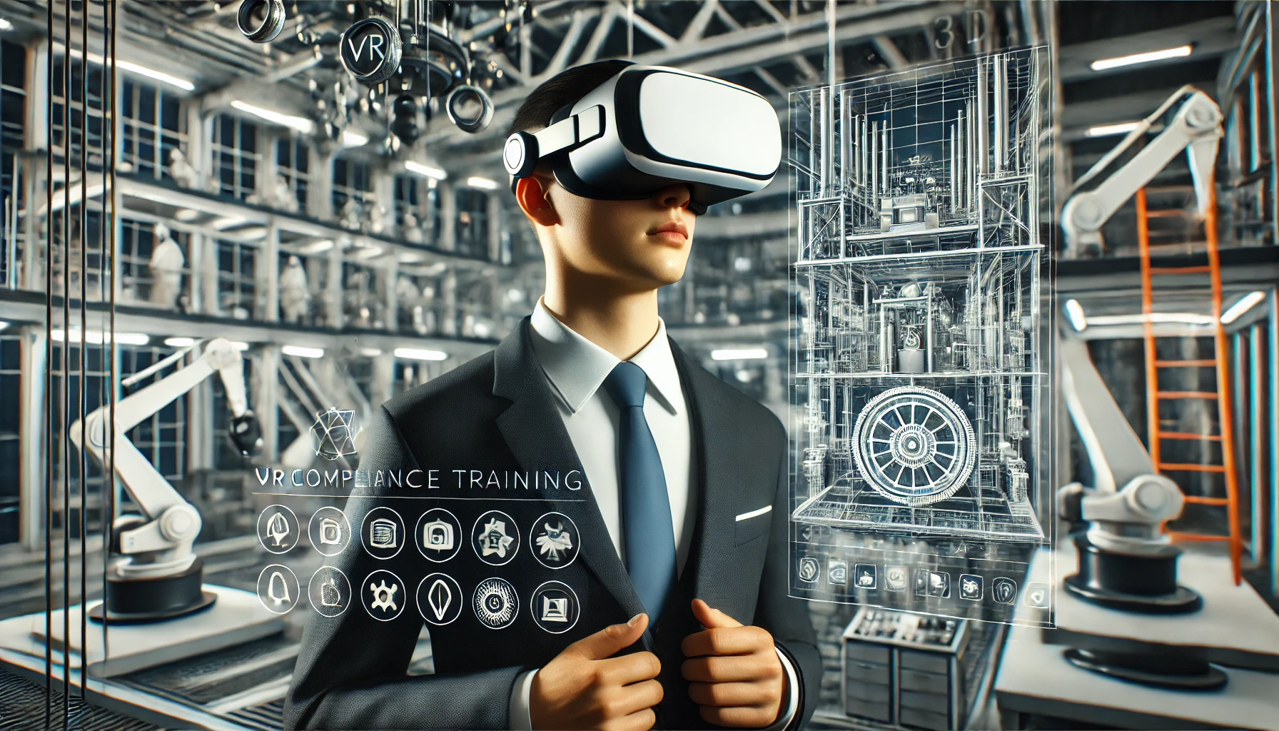 A visually compelling scene of a professional employee engaged in VR compliance training. The employee wears a sleek VR headset, surrounded by a virtu