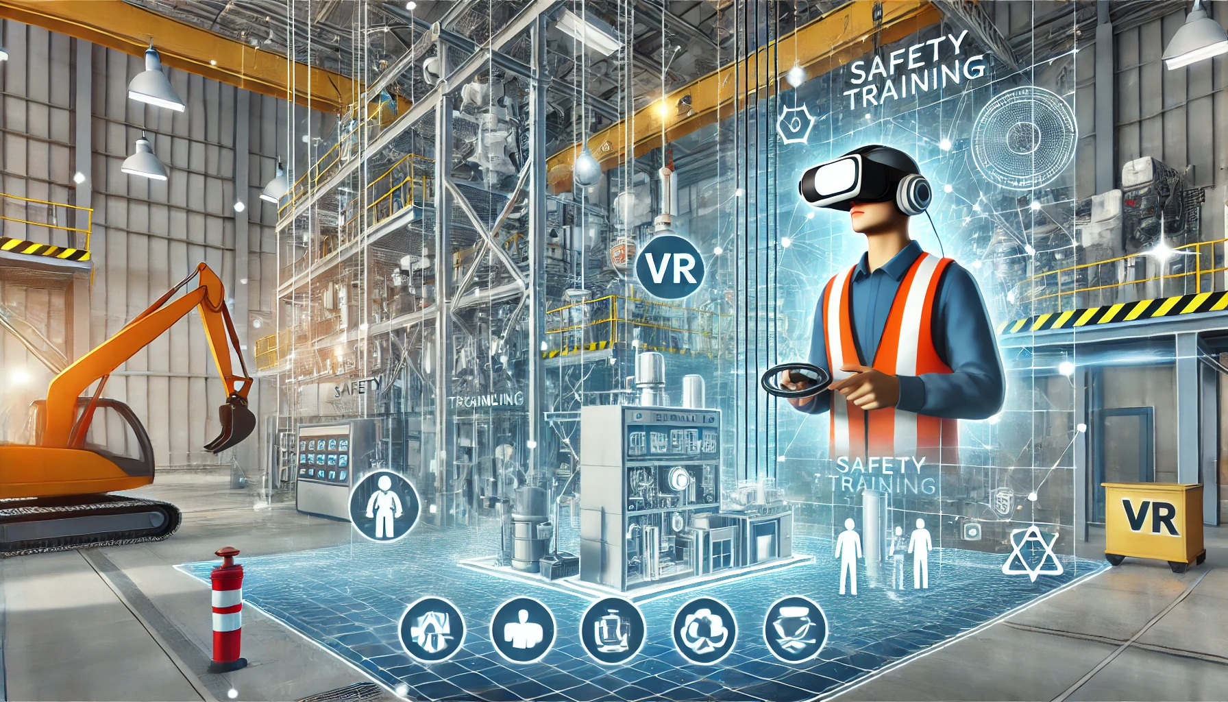 An engaging and futuristic illustration of a worker in a high-risk industry using VR technology for safety training. The worker is wearing a VR headse