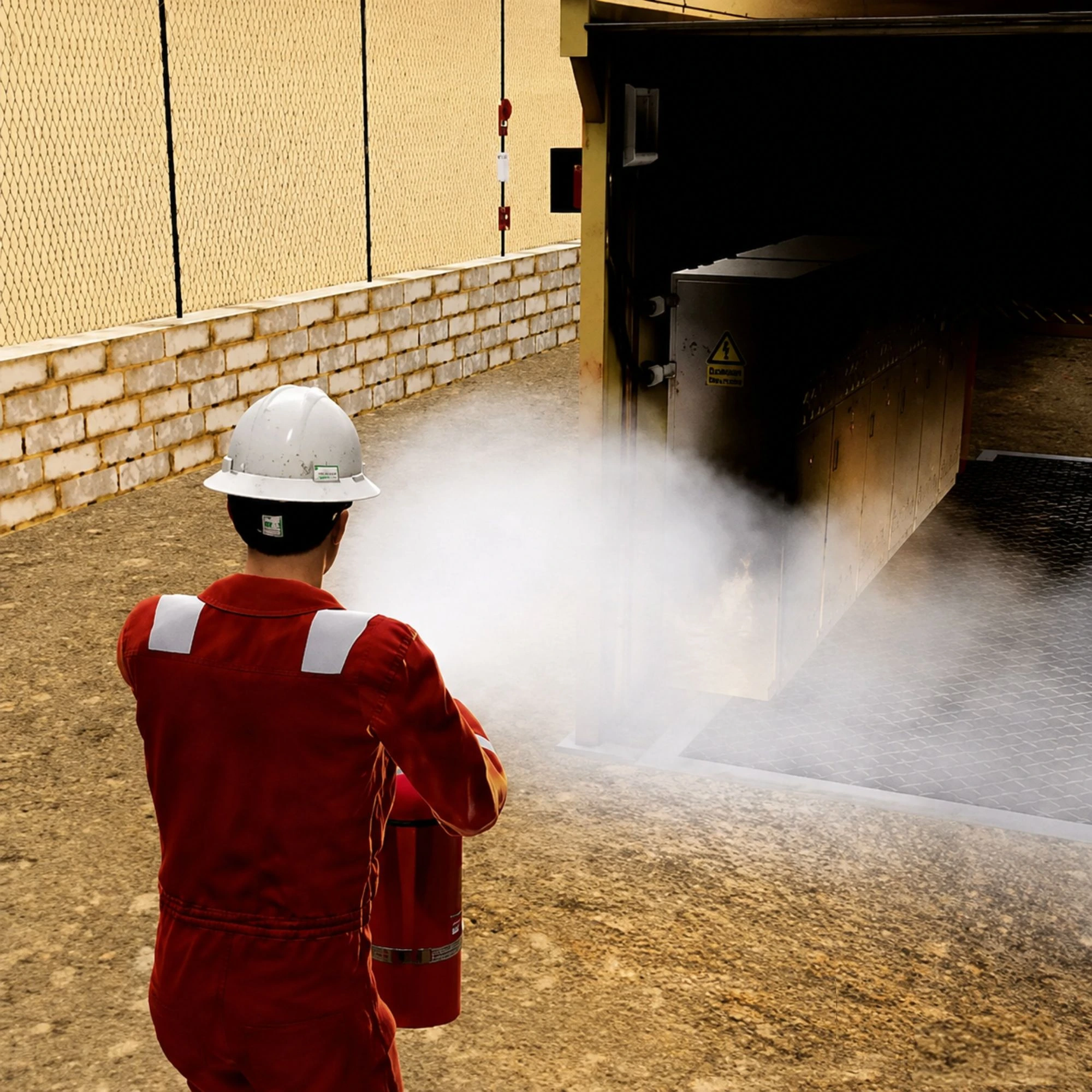 Worker using fire extinguisher