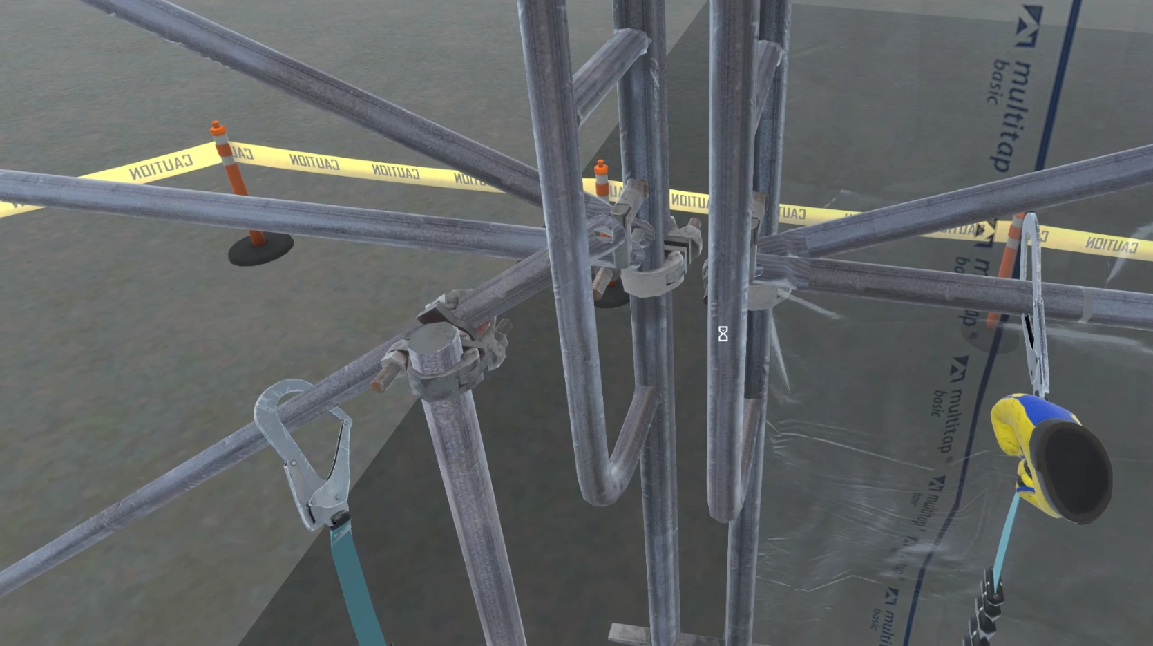 Supervisor inspecting a safety net installation on a scaffold structure in VR