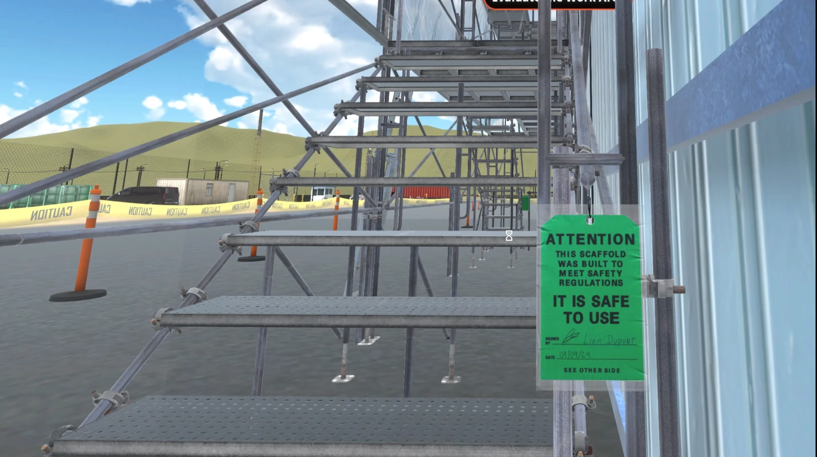 VR simulation of a guardrail and collective fall protection barrier setup