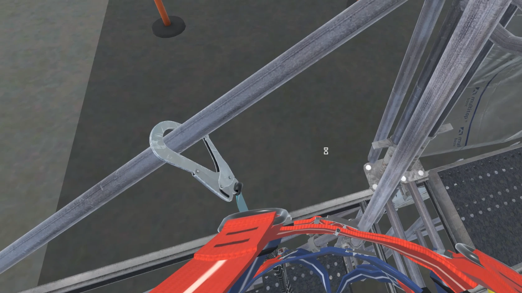 Worker inspecting a safety harness and anchor point in a VR simulation